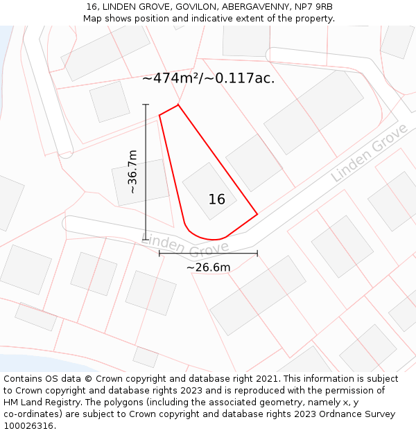 16, LINDEN GROVE, GOVILON, ABERGAVENNY, NP7 9RB: Plot and title map