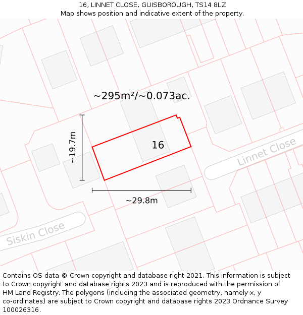 16, LINNET CLOSE, GUISBOROUGH, TS14 8LZ: Plot and title map