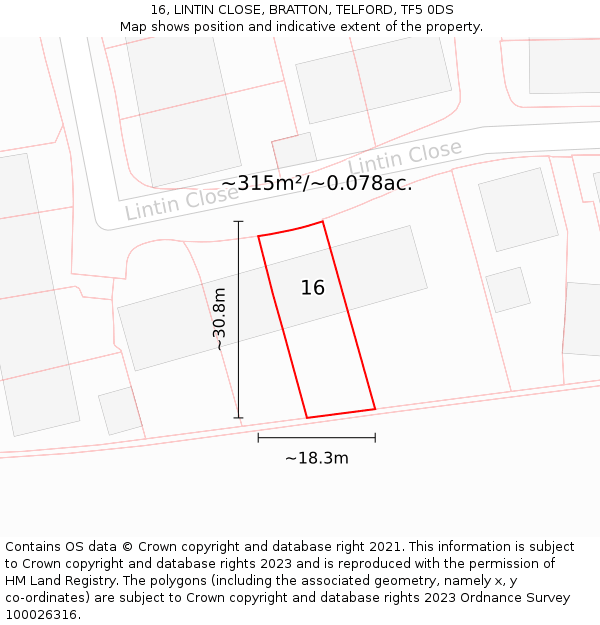 16, LINTIN CLOSE, BRATTON, TELFORD, TF5 0DS: Plot and title map