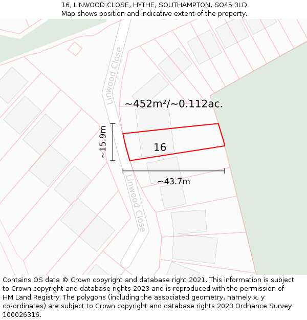 16, LINWOOD CLOSE, HYTHE, SOUTHAMPTON, SO45 3LD: Plot and title map