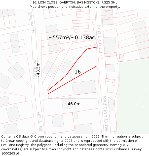 16, LION CLOSE, OVERTON, BASINGSTOKE, RG25 3HL: Plot and title map