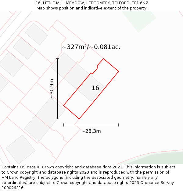 16, LITTLE MILL MEADOW, LEEGOMERY, TELFORD, TF1 6NZ: Plot and title map