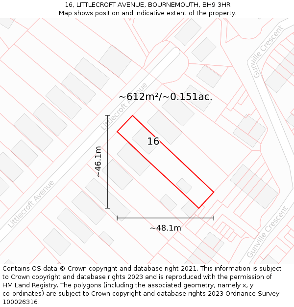 16, LITTLECROFT AVENUE, BOURNEMOUTH, BH9 3HR: Plot and title map