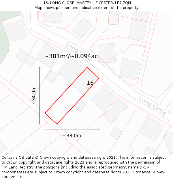 16, LONG CLOSE, ANSTEY, LEICESTER, LE7 7QN: Plot and title map