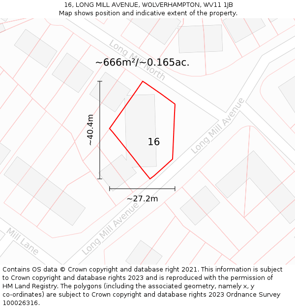 16, LONG MILL AVENUE, WOLVERHAMPTON, WV11 1JB: Plot and title map
