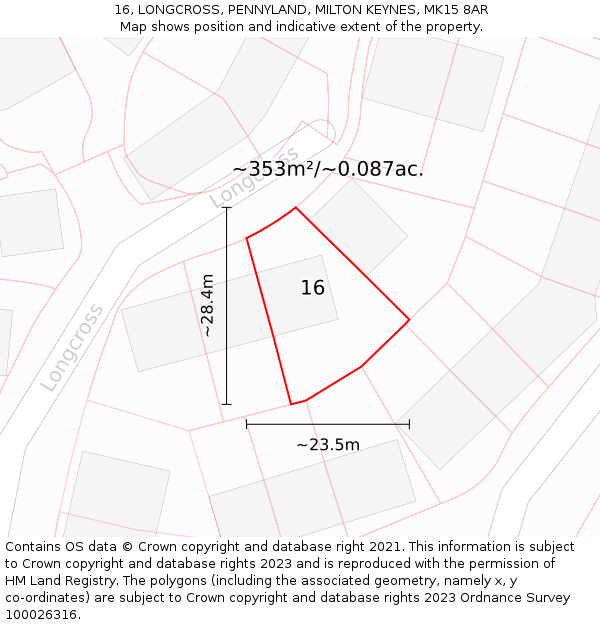 16, LONGCROSS, PENNYLAND, MILTON KEYNES, MK15 8AR: Plot and title map