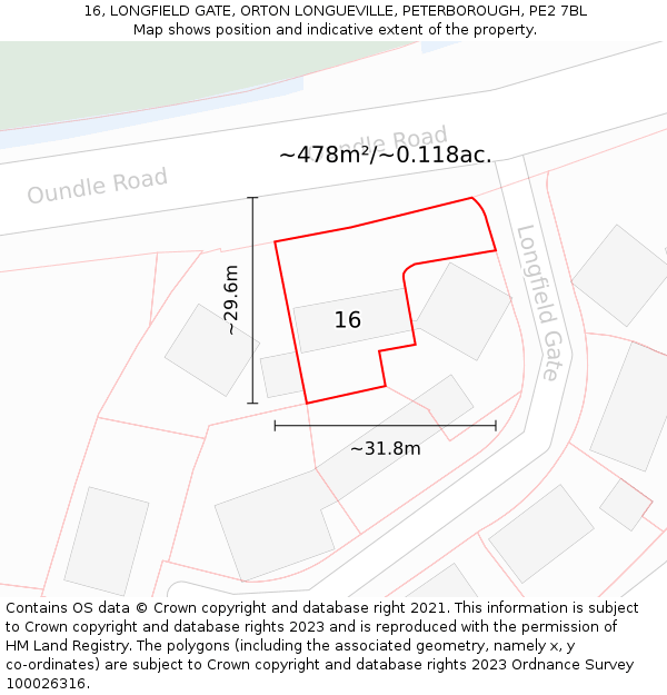 16, LONGFIELD GATE, ORTON LONGUEVILLE, PETERBOROUGH, PE2 7BL: Plot and title map