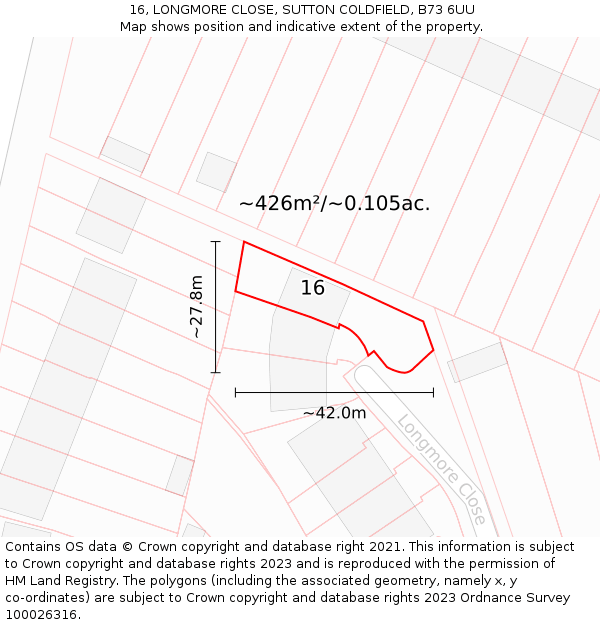 16, LONGMORE CLOSE, SUTTON COLDFIELD, B73 6UU: Plot and title map