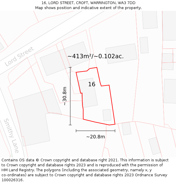 16, LORD STREET, CROFT, WARRINGTON, WA3 7DD: Plot and title map