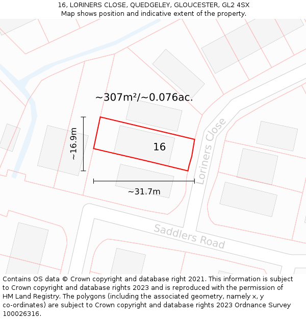 16, LORINERS CLOSE, QUEDGELEY, GLOUCESTER, GL2 4SX: Plot and title map