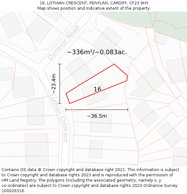 16, LOTHIAN CRESCENT, PENYLAN, CARDIFF, CF23 9HY: Plot and title map