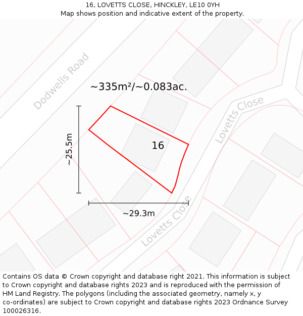 16, LOVETTS CLOSE, HINCKLEY, LE10 0YH: Plot and title map