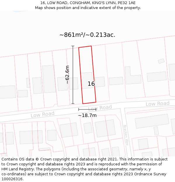16, LOW ROAD, CONGHAM, KING'S LYNN, PE32 1AE: Plot and title map