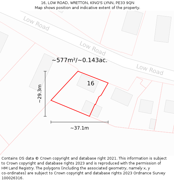 16, LOW ROAD, WRETTON, KING'S LYNN, PE33 9QN: Plot and title map