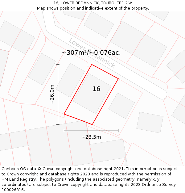 16, LOWER REDANNICK, TRURO, TR1 2JW: Plot and title map
