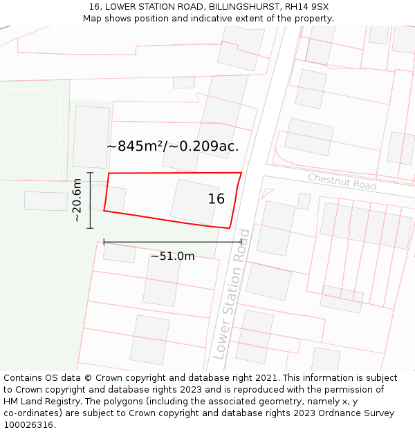 16, LOWER STATION ROAD, BILLINGSHURST, RH14 9SX: Plot and title map