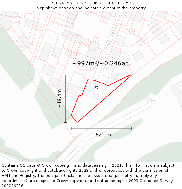 16, LOWLAND CLOSE, BRIDGEND, CF31 5BU: Plot and title map