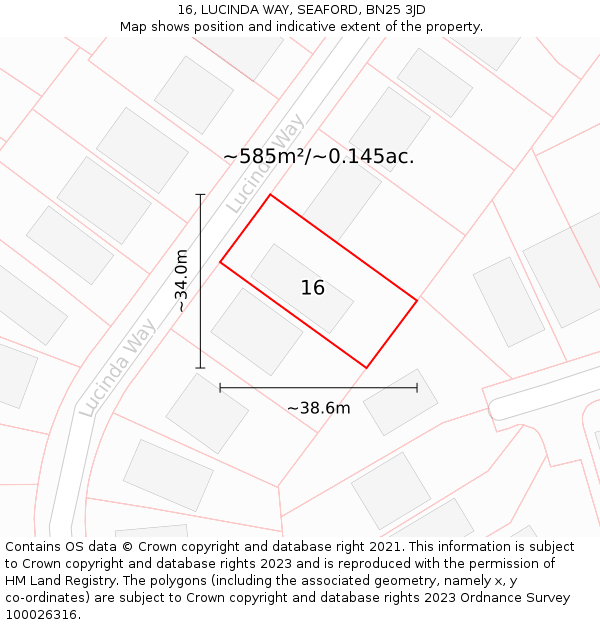 16, LUCINDA WAY, SEAFORD, BN25 3JD: Plot and title map