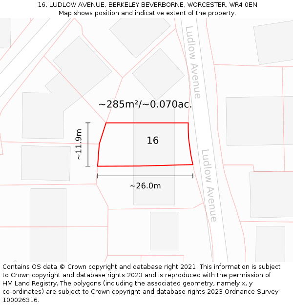 16, LUDLOW AVENUE, BERKELEY BEVERBORNE, WORCESTER, WR4 0EN: Plot and title map