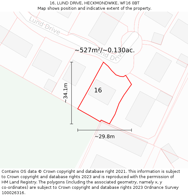 16, LUND DRIVE, HECKMONDWIKE, WF16 0BT: Plot and title map