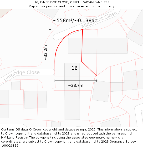 16, LYNBRIDGE CLOSE, ORRELL, WIGAN, WN5 8SR: Plot and title map