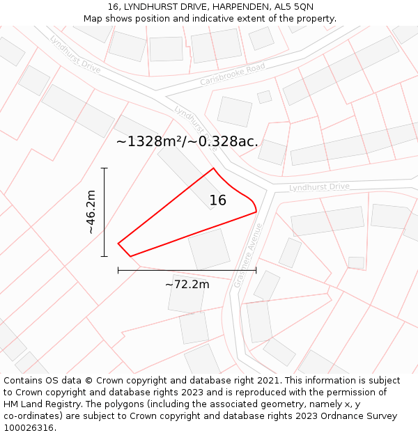 16, LYNDHURST DRIVE, HARPENDEN, AL5 5QN: Plot and title map