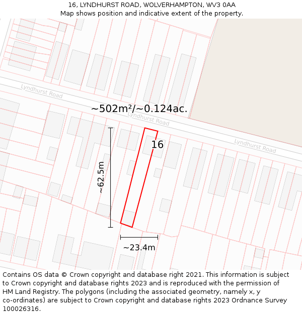 16, LYNDHURST ROAD, WOLVERHAMPTON, WV3 0AA: Plot and title map