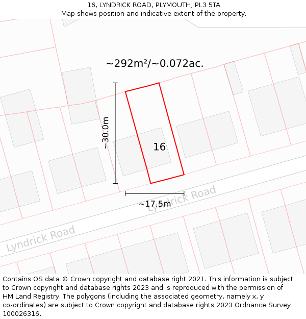 16, LYNDRICK ROAD, PLYMOUTH, PL3 5TA: Plot and title map