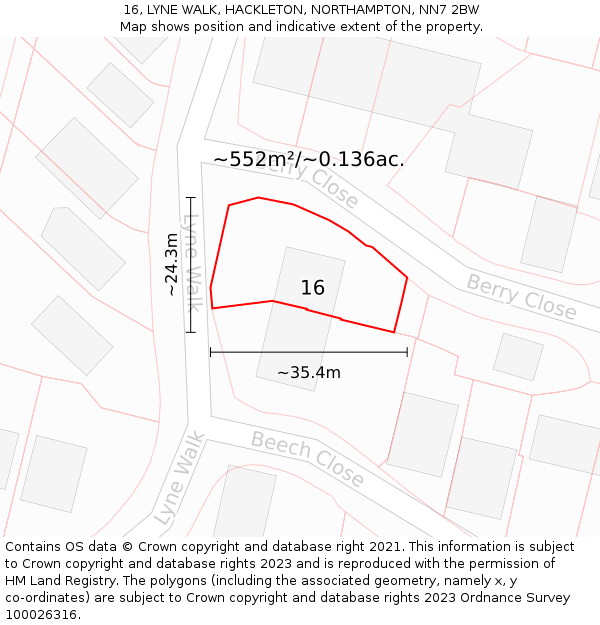 16, LYNE WALK, HACKLETON, NORTHAMPTON, NN7 2BW: Plot and title map