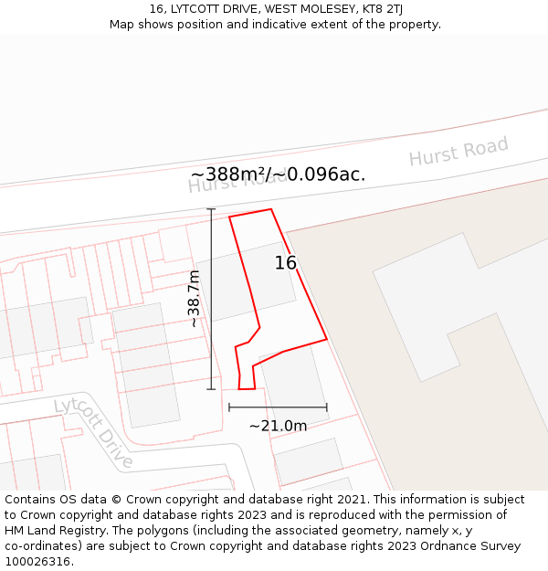 16, LYTCOTT DRIVE, WEST MOLESEY, KT8 2TJ: Plot and title map