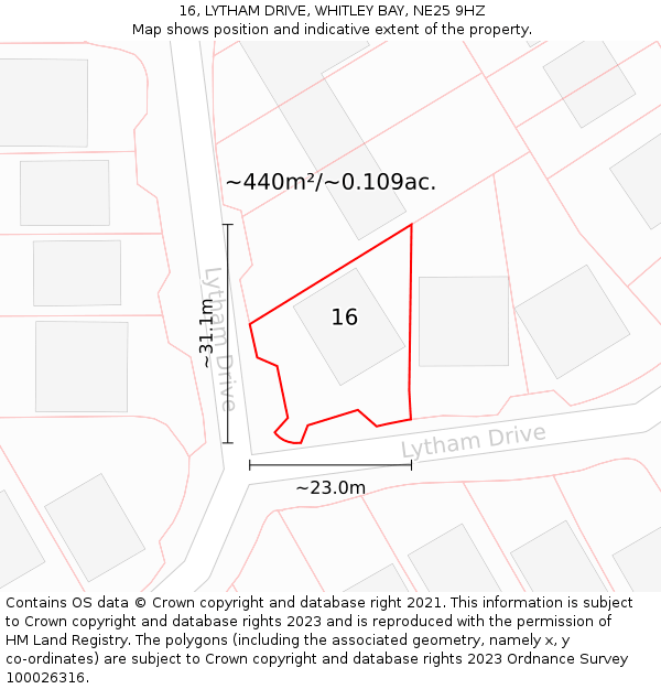 16, LYTHAM DRIVE, WHITLEY BAY, NE25 9HZ: Plot and title map