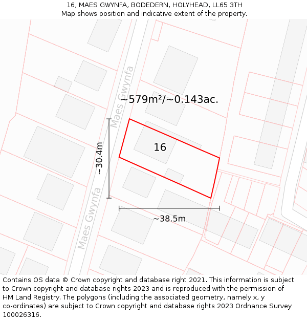 16, MAES GWYNFA, BODEDERN, HOLYHEAD, LL65 3TH: Plot and title map