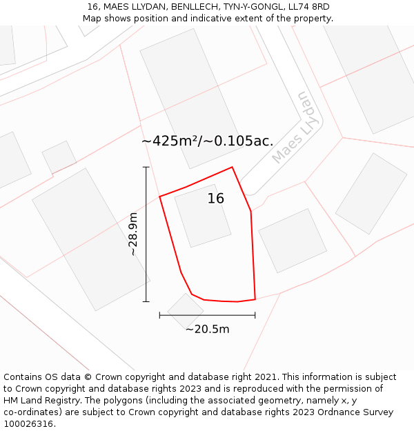16, MAES LLYDAN, BENLLECH, TYN-Y-GONGL, LL74 8RD: Plot and title map
