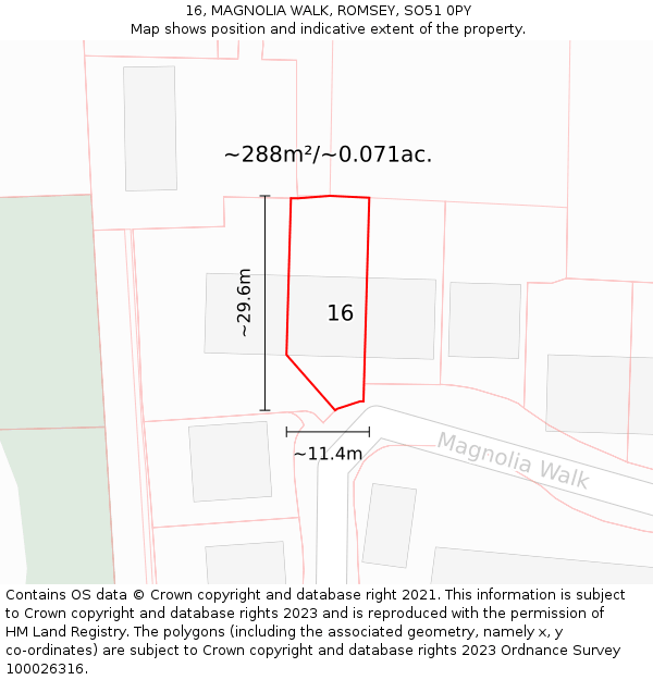 16, MAGNOLIA WALK, ROMSEY, SO51 0PY: Plot and title map