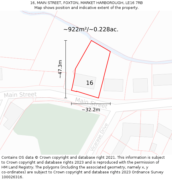 16, MAIN STREET, FOXTON, MARKET HARBOROUGH, LE16 7RB: Plot and title map