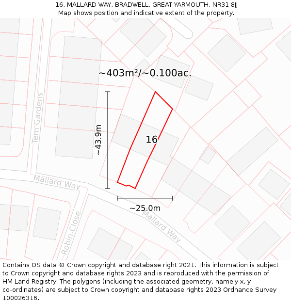 16, MALLARD WAY, BRADWELL, GREAT YARMOUTH, NR31 8JJ: Plot and title map