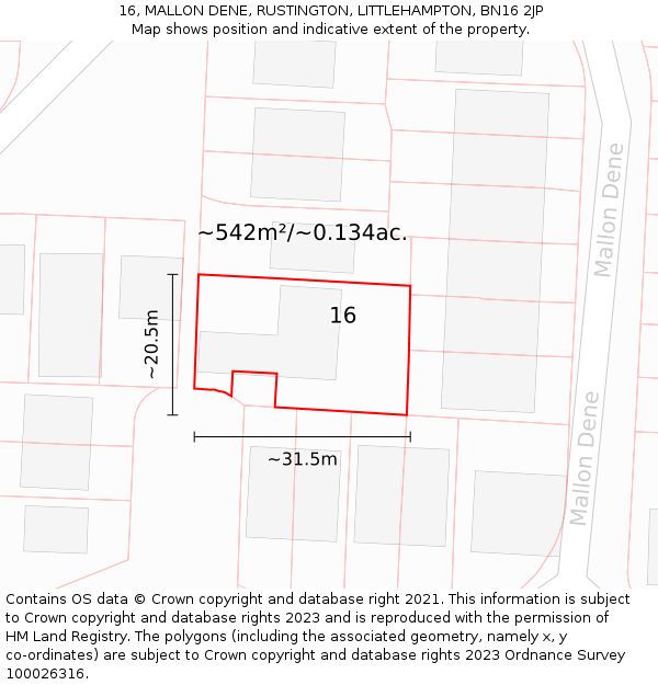 16, MALLON DENE, RUSTINGTON, LITTLEHAMPTON, BN16 2JP: Plot and title map