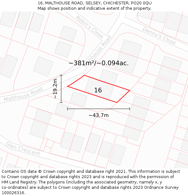 16, MALTHOUSE ROAD, SELSEY, CHICHESTER, PO20 0QU: Plot and title map