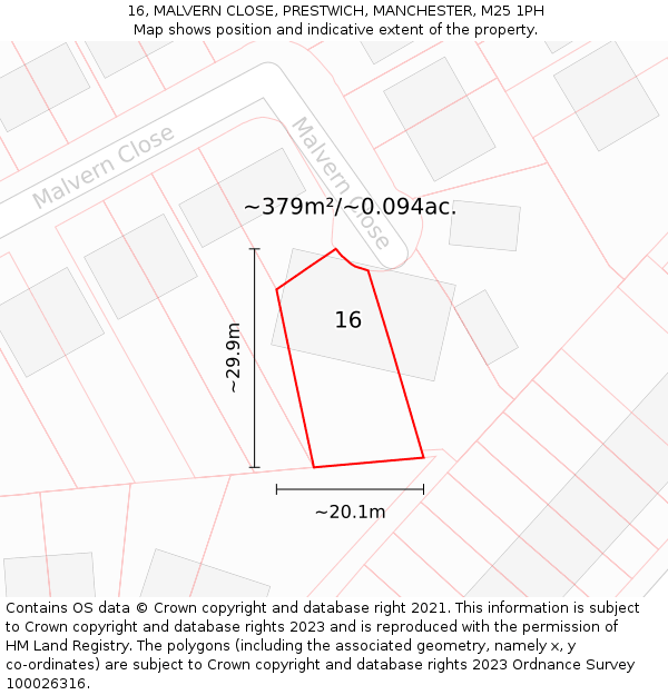 16, MALVERN CLOSE, PRESTWICH, MANCHESTER, M25 1PH: Plot and title map