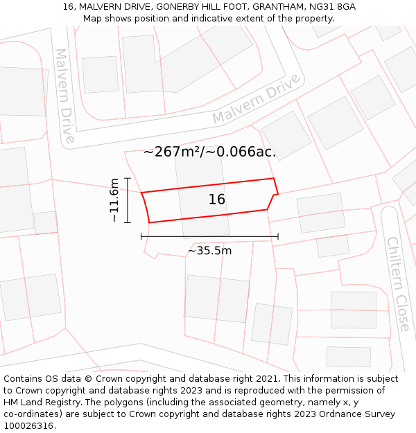 16, MALVERN DRIVE, GONERBY HILL FOOT, GRANTHAM, NG31 8GA: Plot and title map