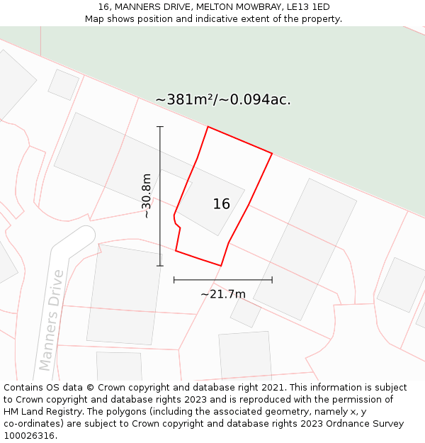 16, MANNERS DRIVE, MELTON MOWBRAY, LE13 1ED: Plot and title map