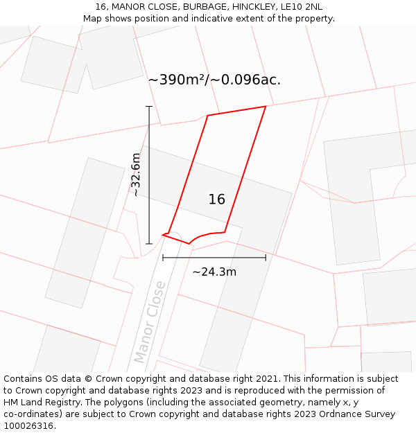 16, MANOR CLOSE, BURBAGE, HINCKLEY, LE10 2NL: Plot and title map