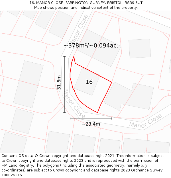 16, MANOR CLOSE, FARRINGTON GURNEY, BRISTOL, BS39 6UT: Plot and title map