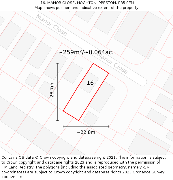 16, MANOR CLOSE, HOGHTON, PRESTON, PR5 0EN: Plot and title map