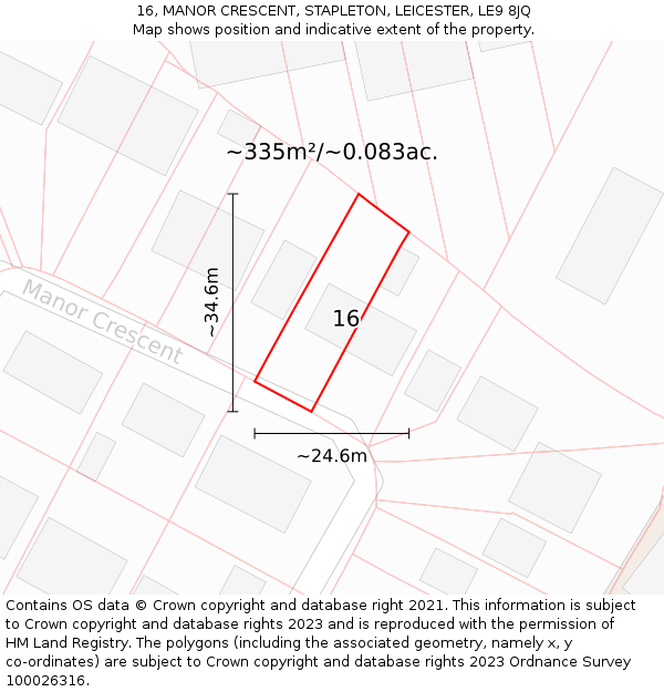16, MANOR CRESCENT, STAPLETON, LEICESTER, LE9 8JQ: Plot and title map