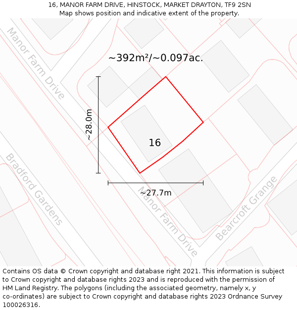 16, MANOR FARM DRIVE, HINSTOCK, MARKET DRAYTON, TF9 2SN: Plot and title map