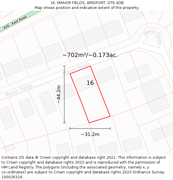 16, MANOR FIELDS, BRIDPORT, DT6 4DB: Plot and title map