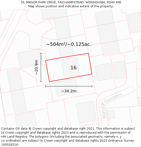 16, MANOR PARK DRIVE, FINCHAMPSTEAD, WOKINGHAM, RG40 4XE: Plot and title map