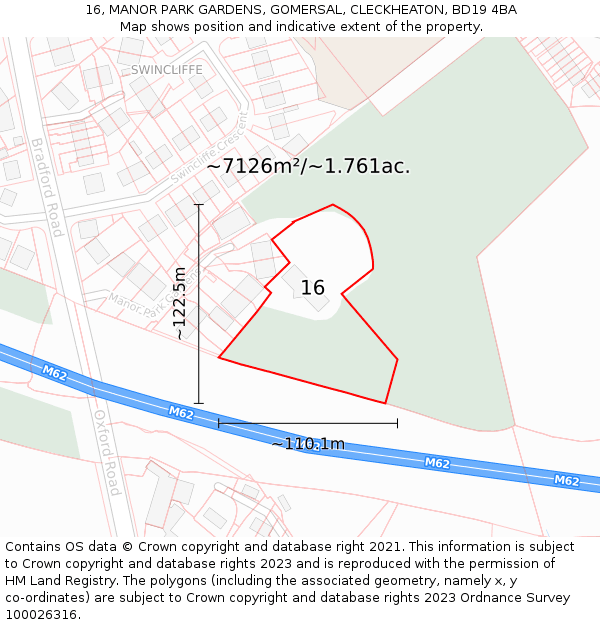 16, MANOR PARK GARDENS, GOMERSAL, CLECKHEATON, BD19 4BA: Plot and title map