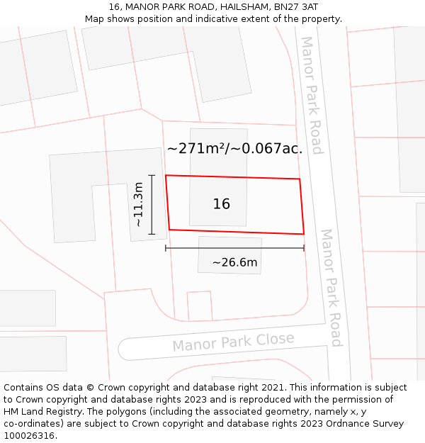 16, MANOR PARK ROAD, HAILSHAM, BN27 3AT: Plot and title map